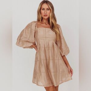 Listicle Champagne Beige Embroidered Eyelet Square Neck Puff Sleeve Dress S NWT